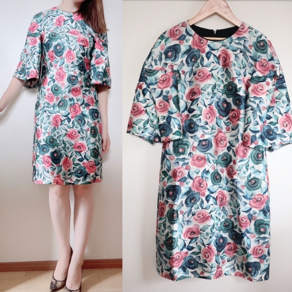 BURBERRY Rose Print Accent Sleeve Shift Dress Size US8 VGUC